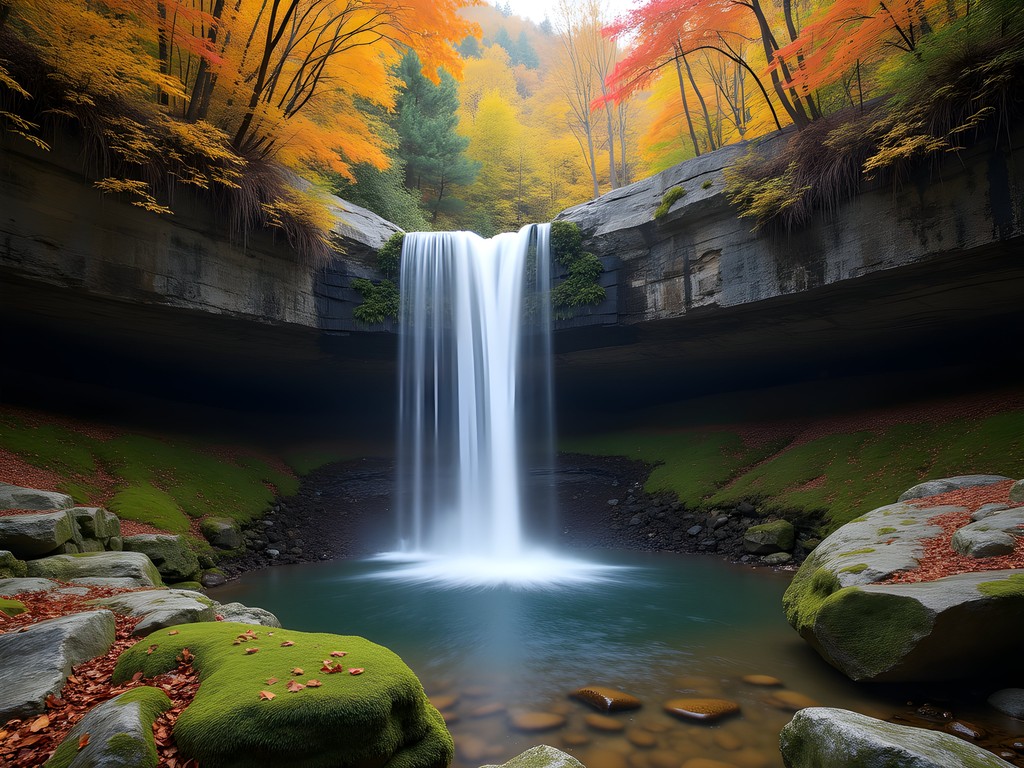 Skinny Dip Falls waterfall with autumn foliage and moss-covered rocks