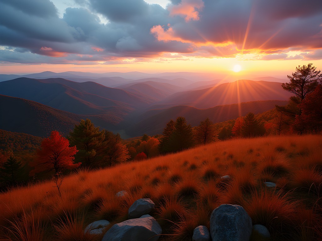 Sunrise over rolling mountain ridges from Black Balsam Knob on the Art Loeb Trail