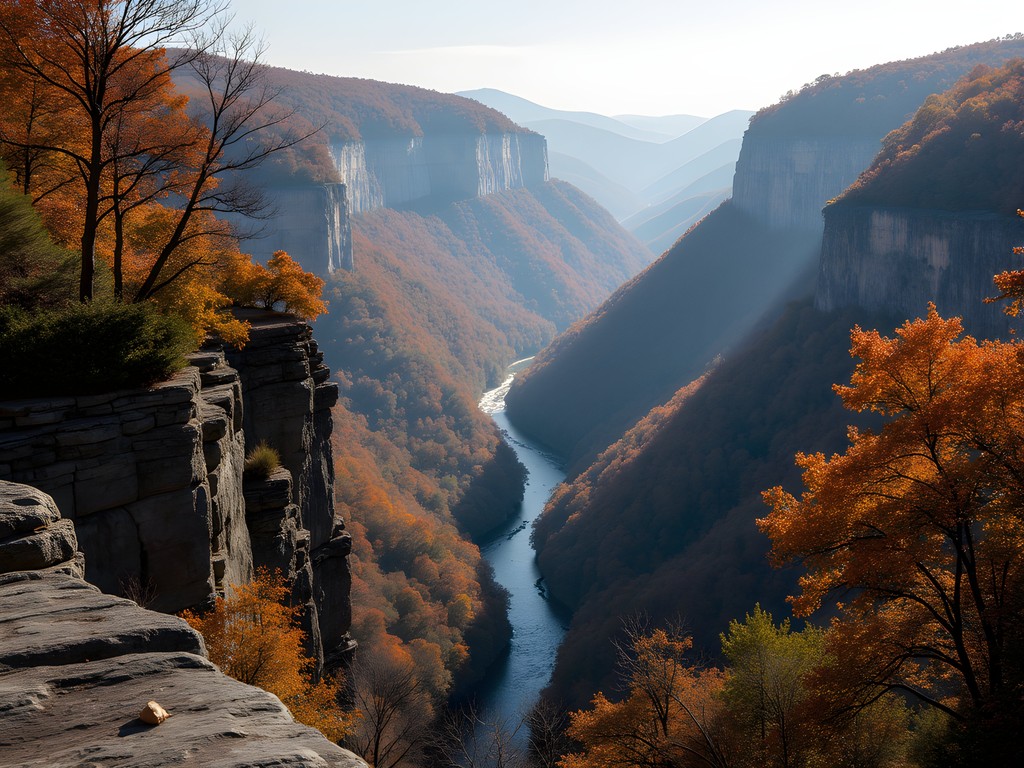 Dramatic view of Linville Gorge in autumn with steep forested walls and river below