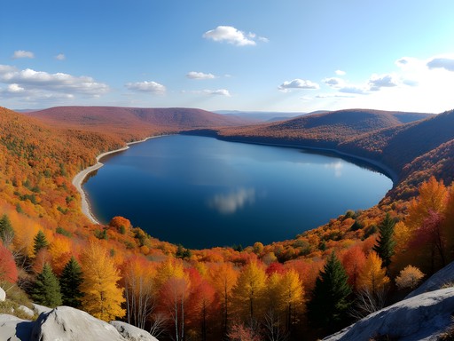 Panoramic view of Lake Auburn surrounded by peak fall foliage from Pinnacle Loop trail