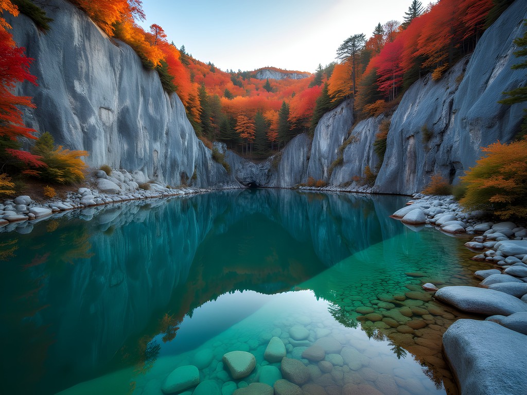 Abandoned quarry at Mount Apatite with fall foliage reflecting in crystal clear water