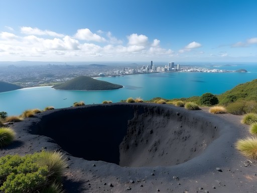View from Rangitoto Island summit looking back toward Auckland city skyline