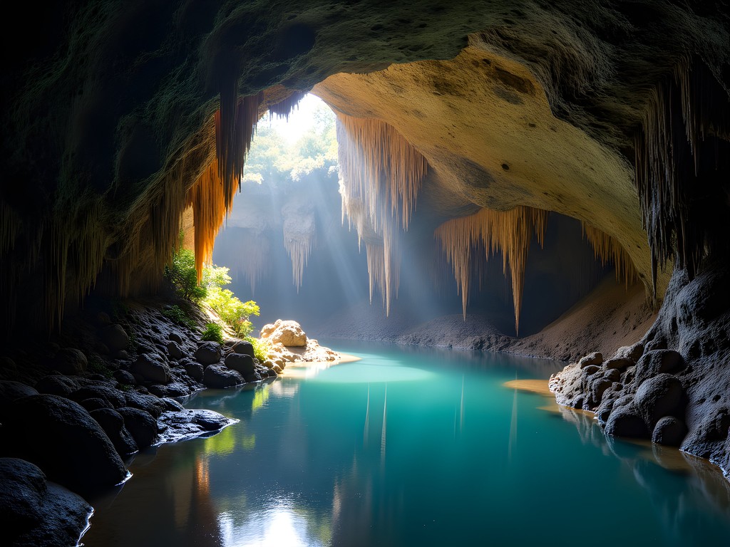 Interior of Algar do Carvão volcanic cave with dramatic stalactites and underground lake, Terceira Island, Azores