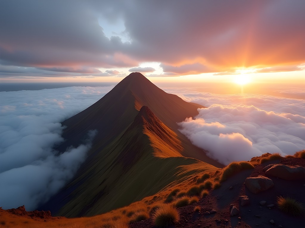 Mount Pico volcano summit at sunrise with Atlantic Ocean view in Azores