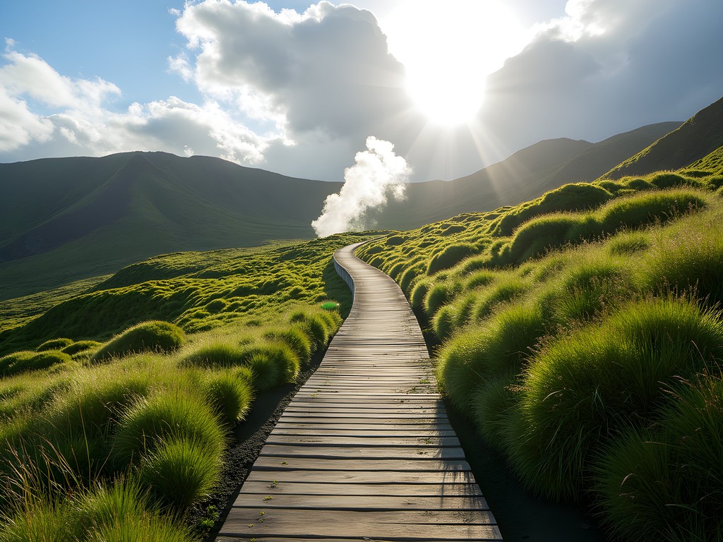 Hiker on wooden boardwalk trail crossing protected volcanic landscape in the Azores