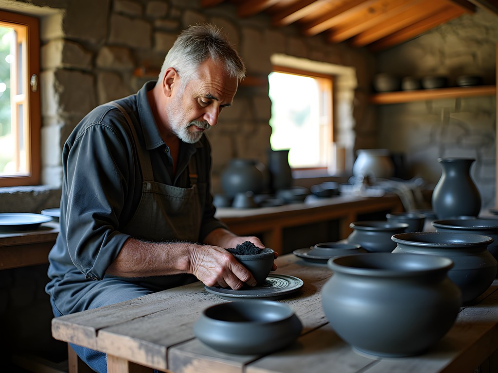 Traditional Azorean black pottery workshop with volcanic clay materials and finished ceramics