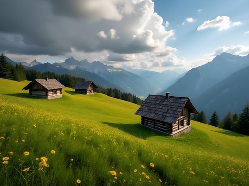 Traditional wooden shepherd huts dotting the rolling alpine meadows of Breitenstein with distant Alps