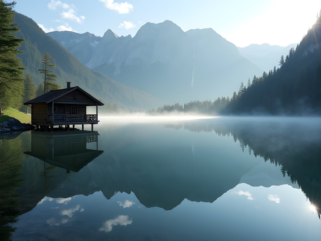 Obersee lake with perfect reflections of mountains and distant Röthbachfall waterfall in morning light
