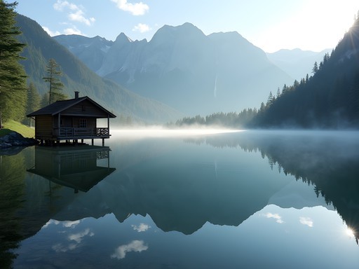 Obersee lake with perfect reflections of mountains and distant Röthbachfall waterfall in morning light