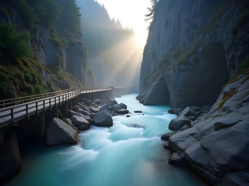 Misty morning light streaming through Partnachklamm gorge with rushing water and limestone walls