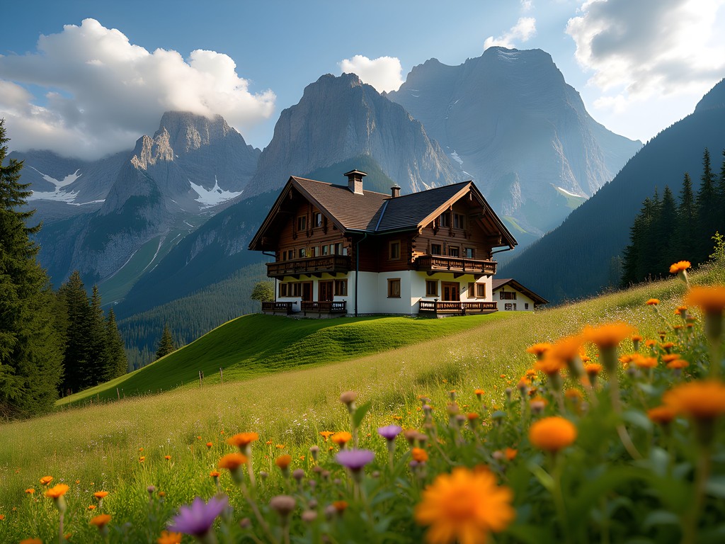 King Ludwig's wooden Schachenhaus hunting lodge surrounded by alpine meadow with mountain backdrop
