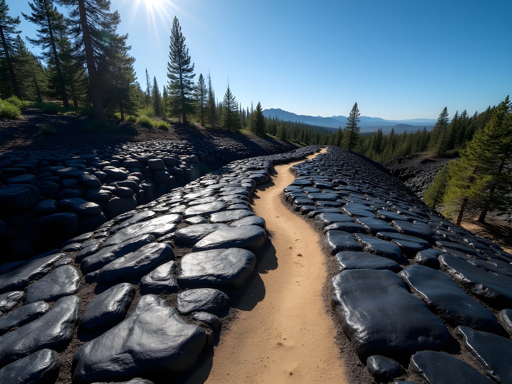 Person walking on the glossy black obsidian flow trail at Newberry National Volcanic Monument