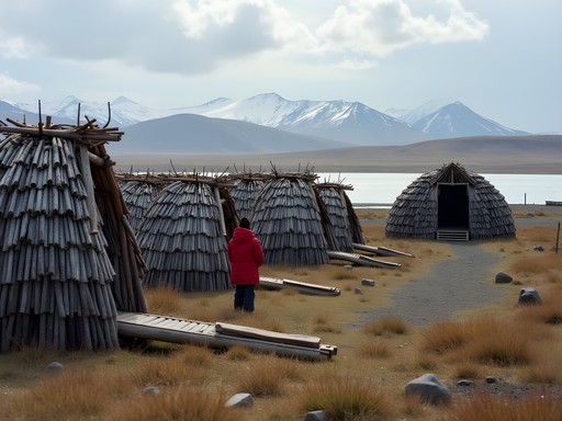Traditional Yup'ik fish camp on Alaskan tundra near Bethel with drying racks