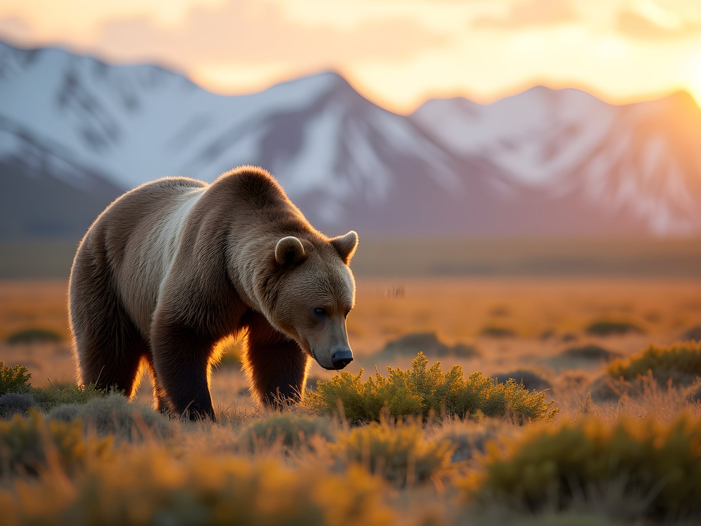 Brown bear foraging on Alaskan tundra near Bethel with mountains in background