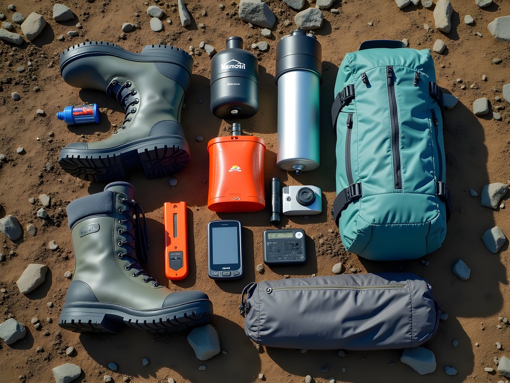 Advanced trekking gear laid out on Alaskan tundra including waterproof boots and navigation equipment