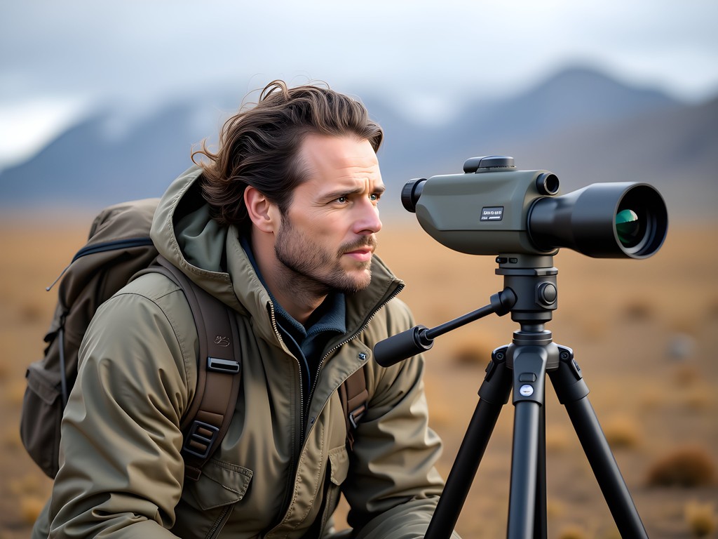Wildlife biologist observing Arctic birds through spotting scope on Alaskan tundra