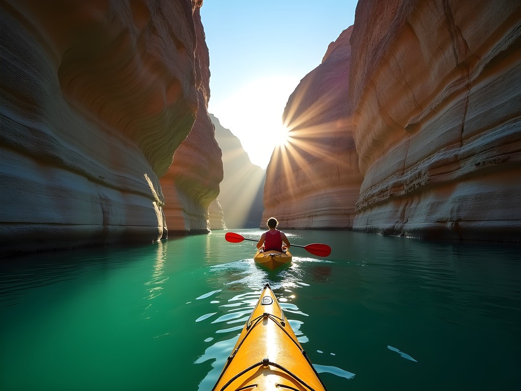 Kayaking through the towering limestone cliffs of Bighorn Canyon on emerald waters