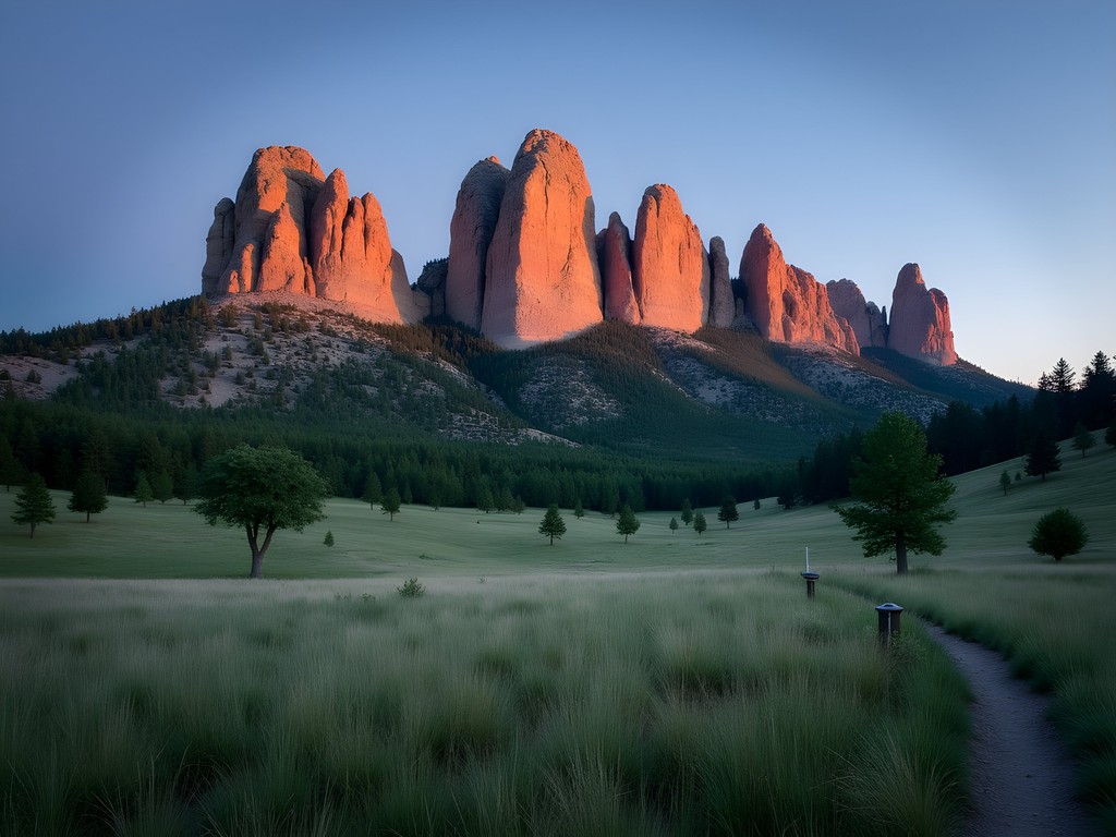 Sunrise view of Boulder Flatirons mountain formation with hiking trails visible