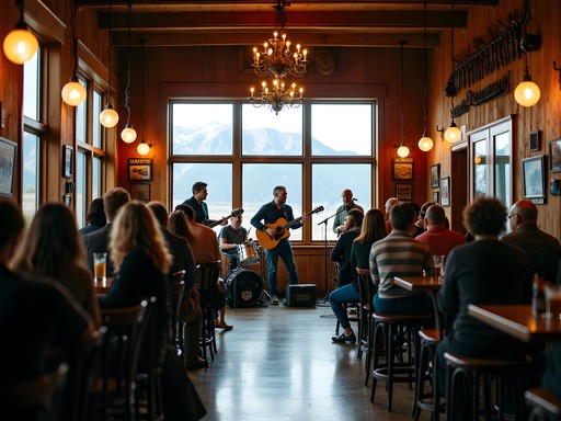 Live music venue in Bozeman with Bridger Mountains visible through windows