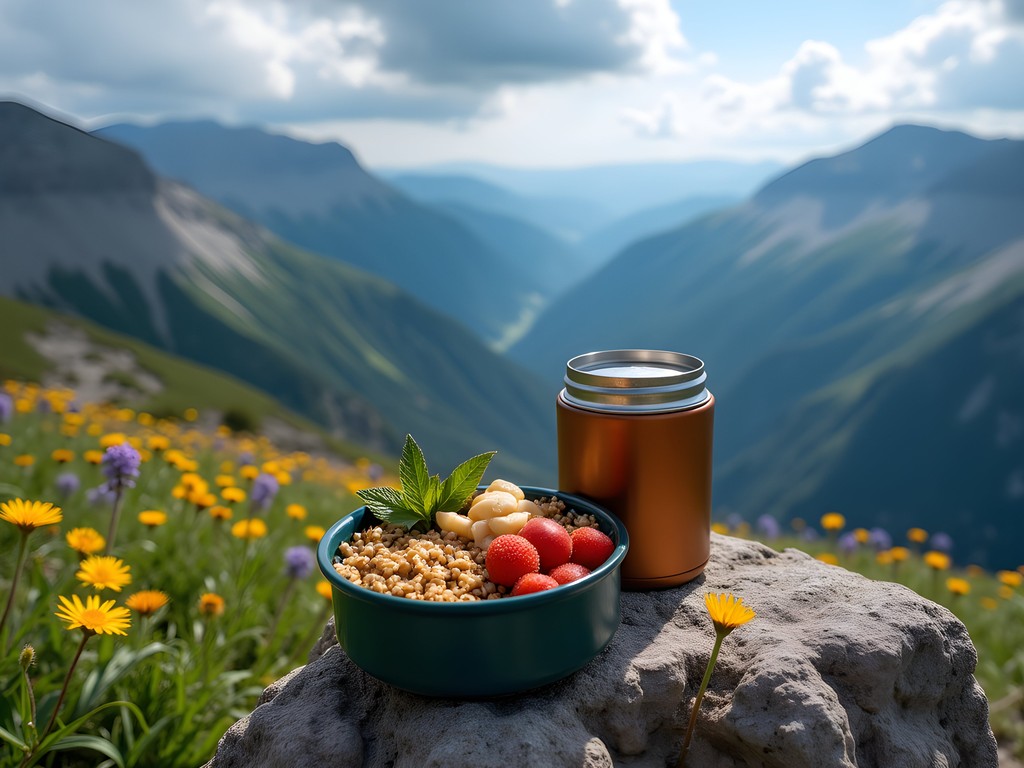 Vegan hiking meal with mountain vista view from Bridger Range summit