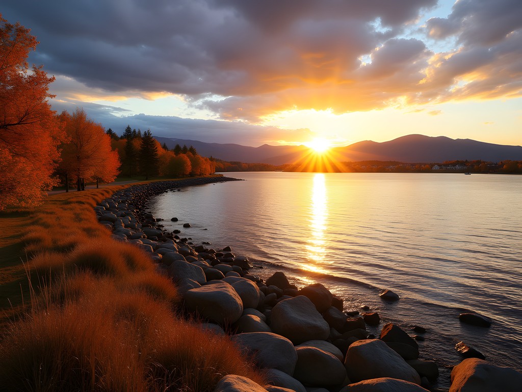 Sunset view of Lake Champlain from Burlington waterfront with mountains in background