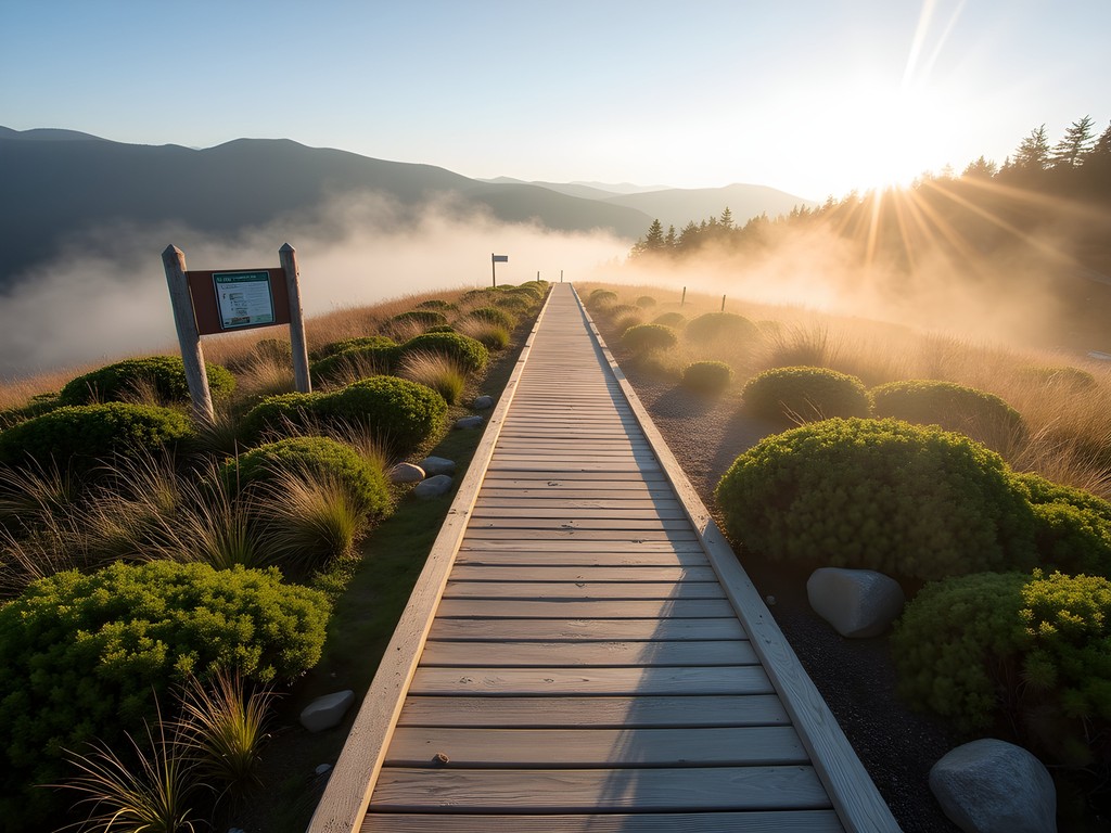 Wooden boardwalk protecting fragile alpine vegetation on Vermont mountain summit with hiker practicing sustainable mountain ethics