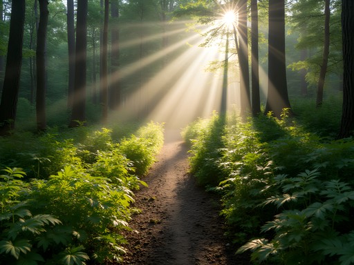 Sunlight filtering through dense forest on Camel's Hump trail with ferns and wildflowers