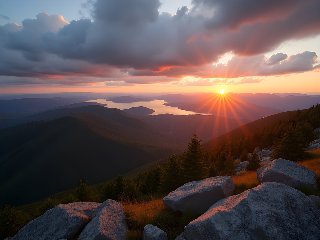 Panoramic view from Mount Mansfield summit at golden hour with Lake Champlain visible