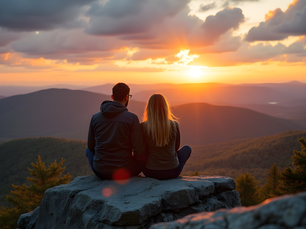 Couple sitting on Mount Hunger's rocky summit watching sunset over Green Mountains
