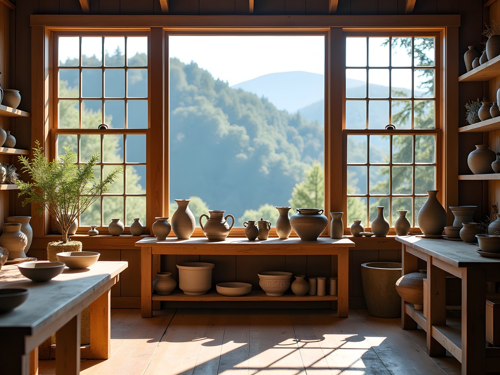Local pottery studio with large windows framing Green Mountain views and handcrafted ceramics in foreground