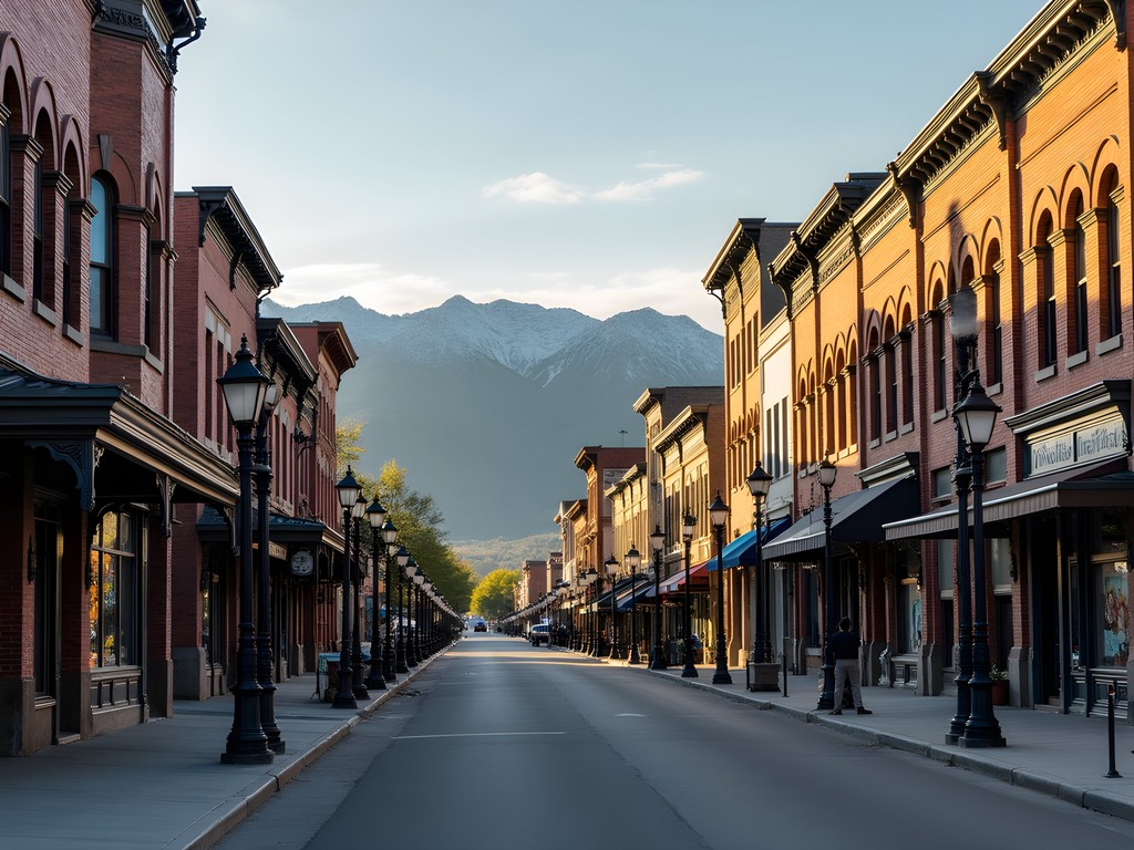 Historic Victorian buildings in Butte's uptown district with mountain backdrop