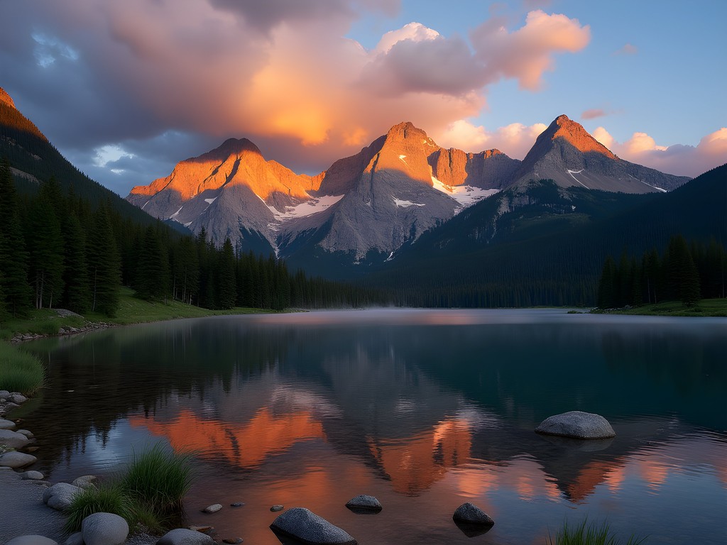 Sunset view of the Three Sisters mountain range from Canmore