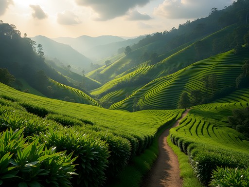 Rolling hills of geometric tea bushes with hiking trail winding through BOH Tea Plantation