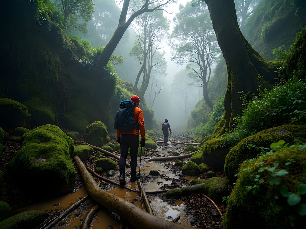 Dense mountain jungle trail with moss-covered trees and challenging terrain on Gunung Berembun