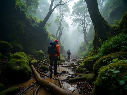 Dense mountain jungle trail with moss-covered trees and challenging terrain on Gunung Berembun