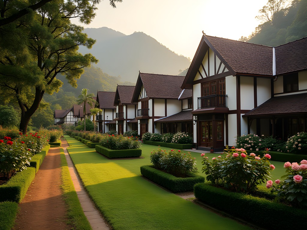 Tudor-style colonial buildings along heritage trail with mountains in background