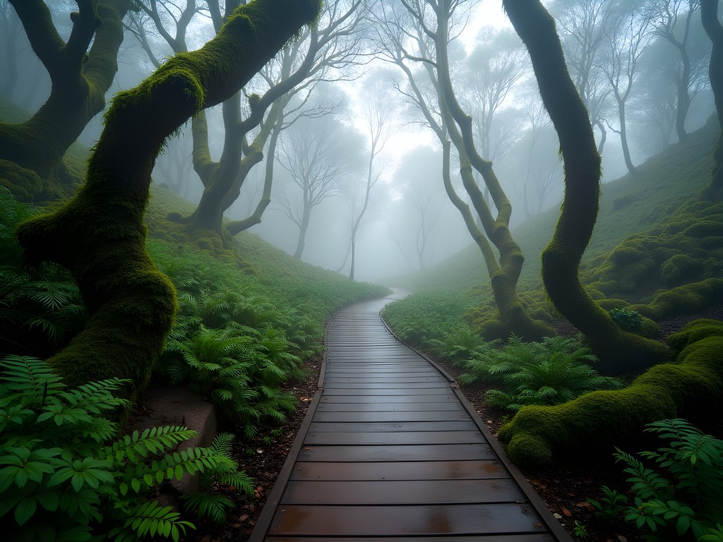 Wooden boardwalk winding through misty mossy forest in Cameron Highlands