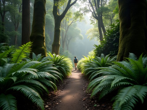 Lush jungle path leading to Parit Falls with sunlight filtering through dense canopy