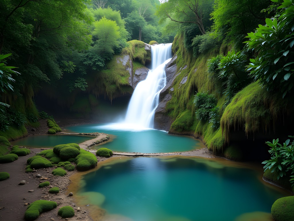 Three-tiered Robinson Falls surrounded by lush jungle in Cameron Highlands