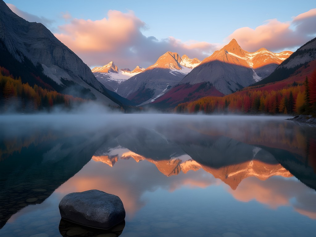 Sunrise over Lac Tremblant with perfect mountain reflections and autumn foliage