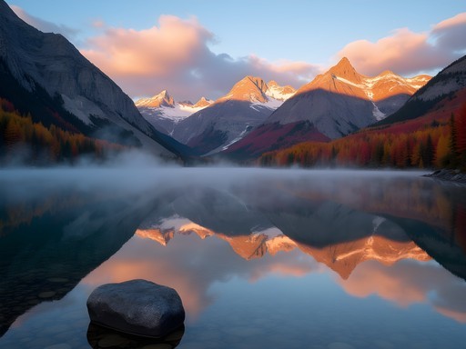 Sunrise over Lac Tremblant with perfect mountain reflections and autumn foliage