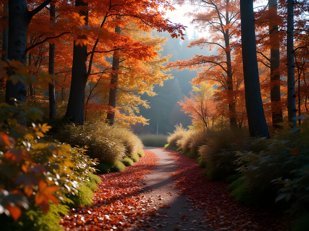 Hiking trail through vibrant autumn forest in the Laurentians with golden light filtering through leaves