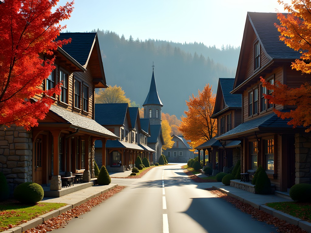 Rustic buildings of Mont-Tremblant's old village surrounded by autumn foliage