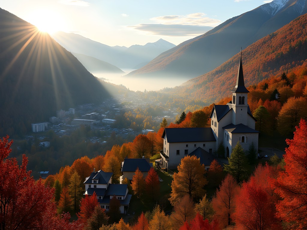 Misty autumn morning view of Saint-Sauveur village with colorful fall foliage