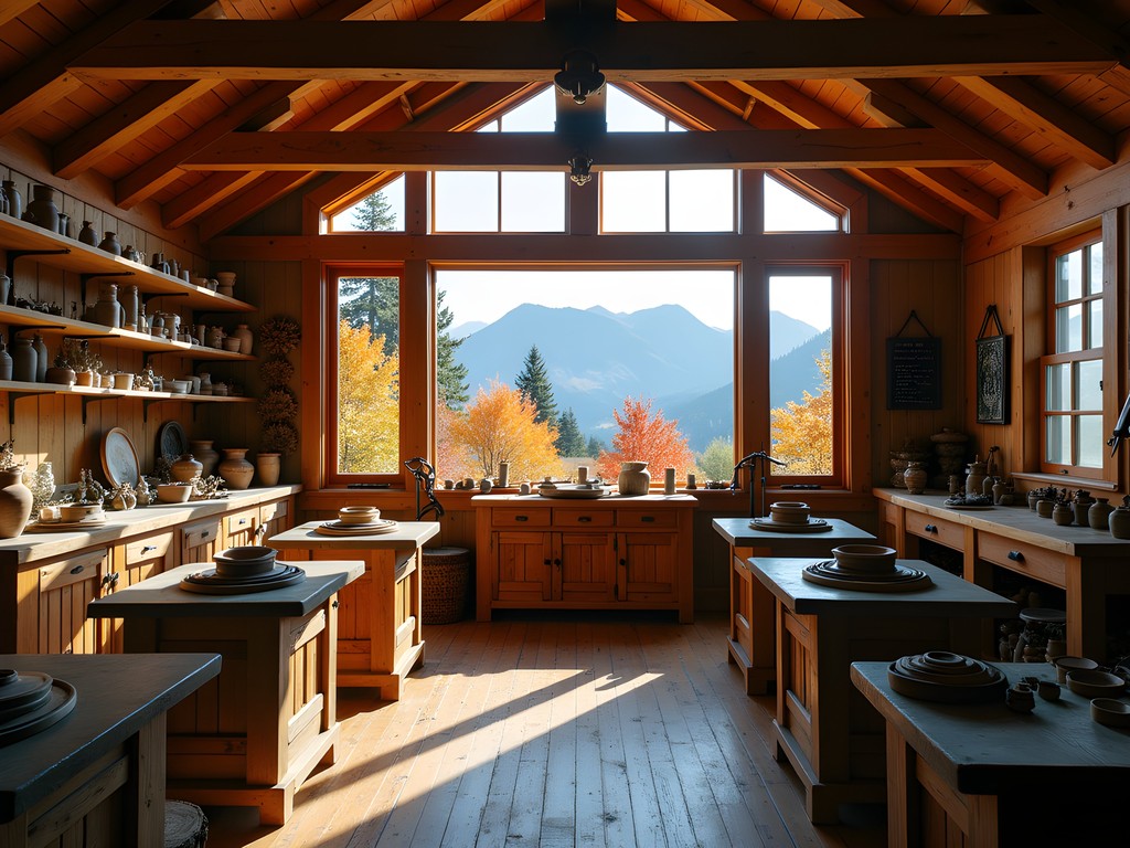 Traditional artisan workshop in Val-David with autumn mountain view through large windows