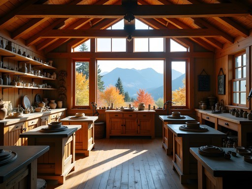Traditional artisan workshop in Val-David with autumn mountain view through large windows
