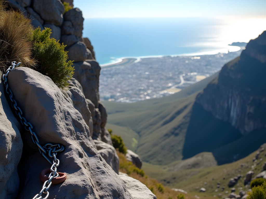 Technical section of India Venster trail with chain assists and Cape Town views below