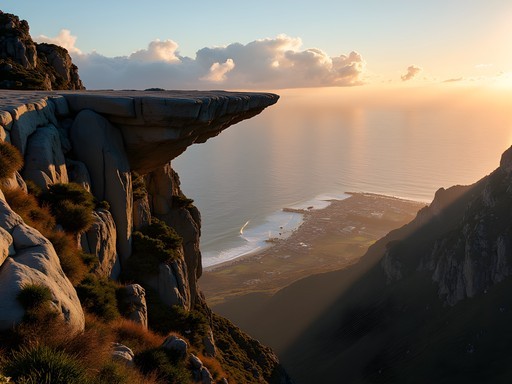 Hiker on the famous Diving Board rock formation on Kasteelspoort trail with sunset over Atlantic Ocean