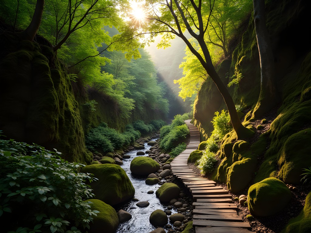 Lush forest path along Skeleton Gorge trail with dappled sunlight filtering through trees