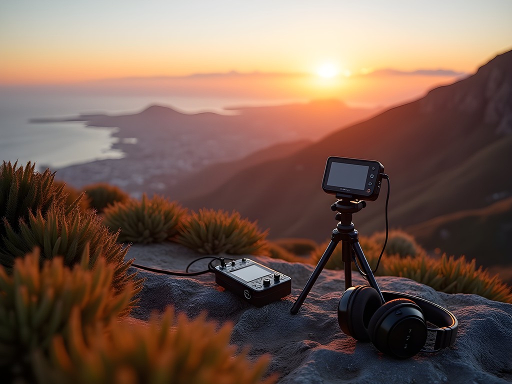 Sound recording session on Table Mountain with audio equipment during sunset